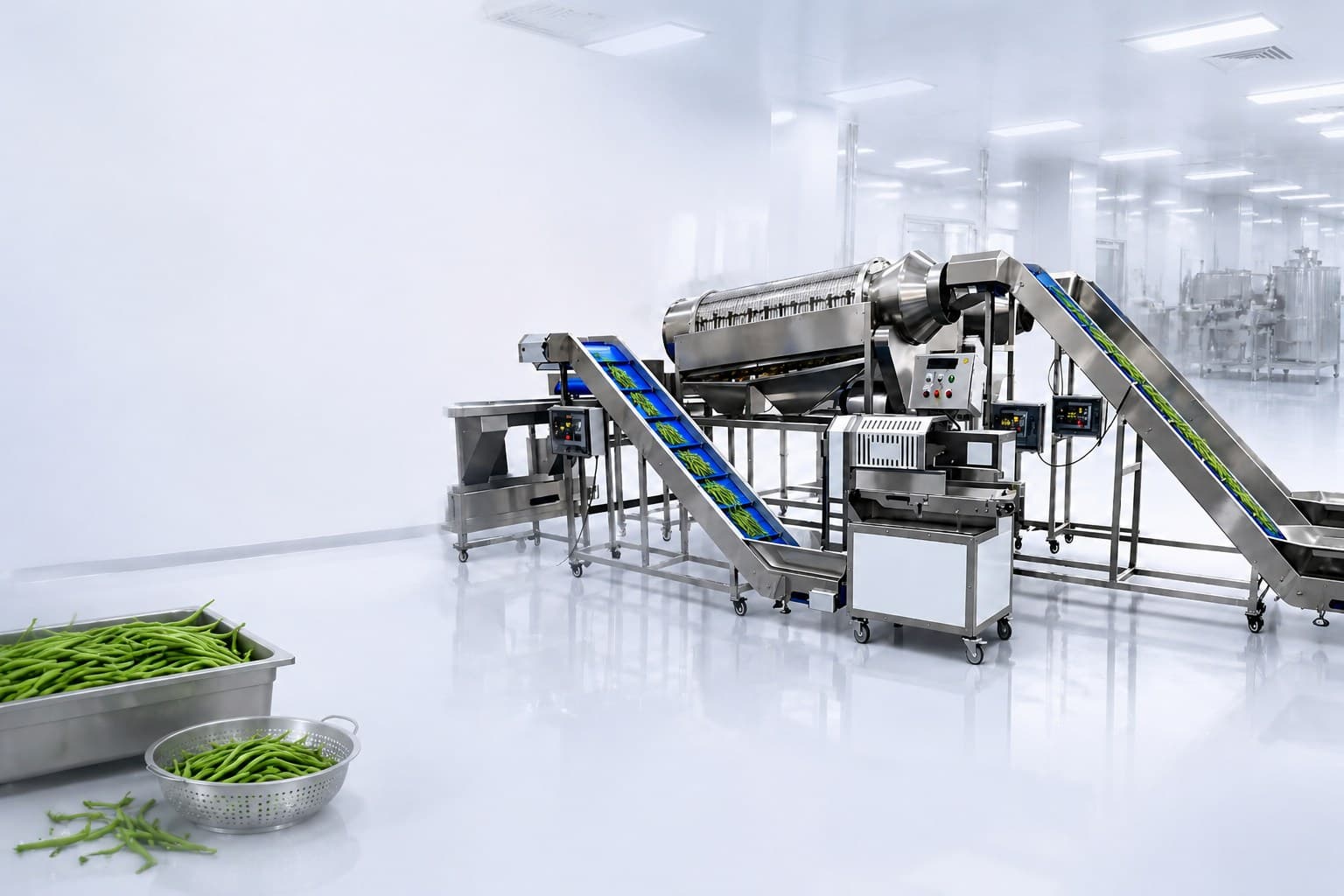 Green bean washing and cutting processing equipment in a clean production setting