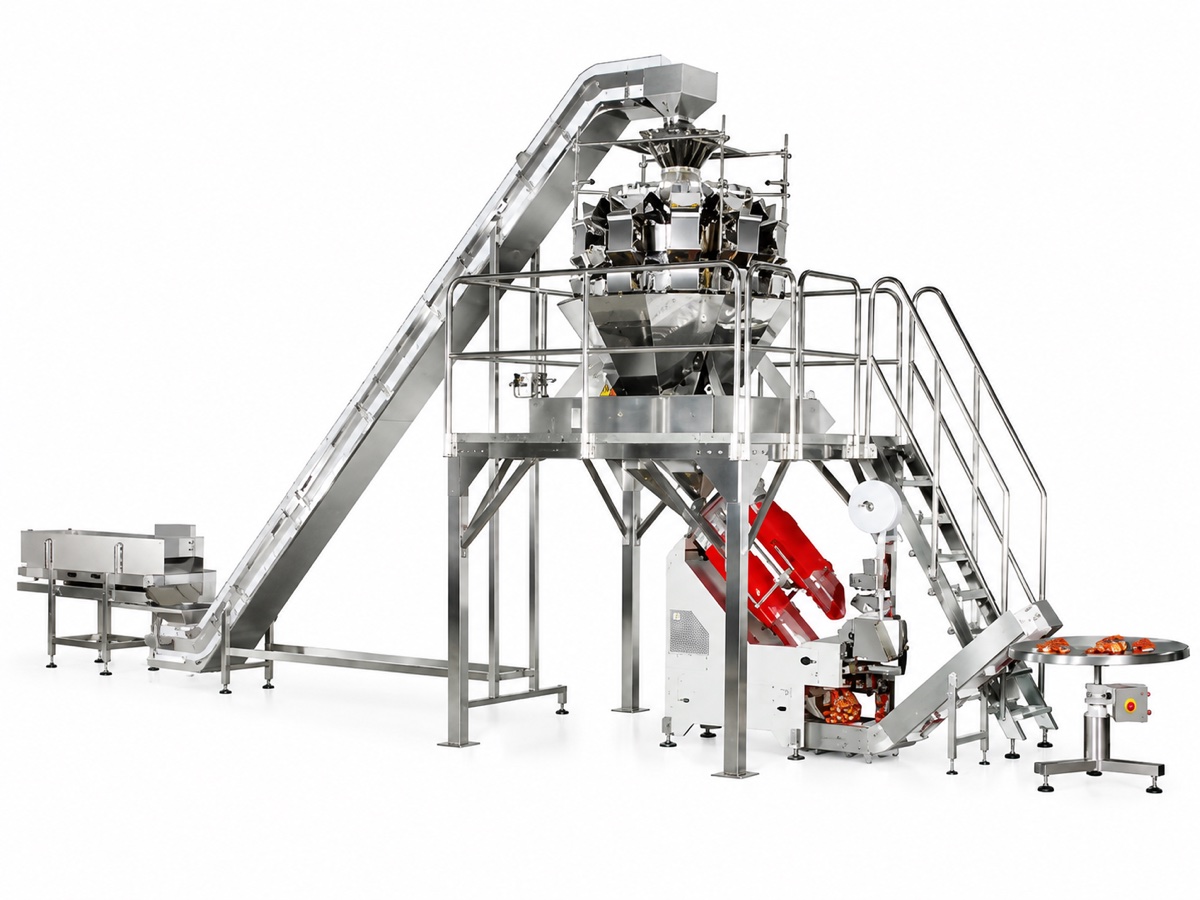 Net bag weighing and packing line with elevator, combination weigher and net bag machine